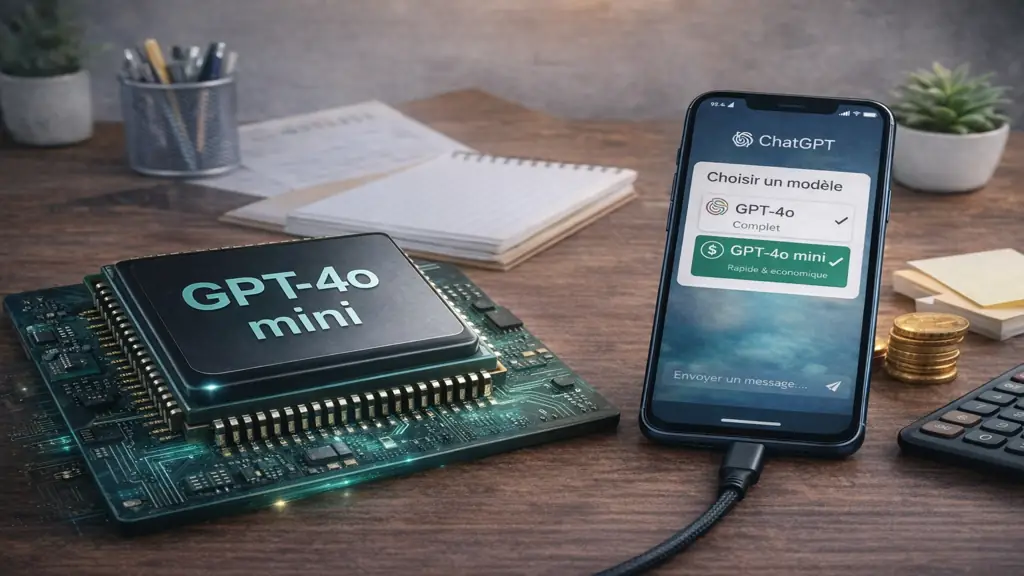 Présentation du modèle GPT-4o mini avec interface ChatGPT sur smartphone et puce IA illustrant rapidité et coût réduit pour développeurs