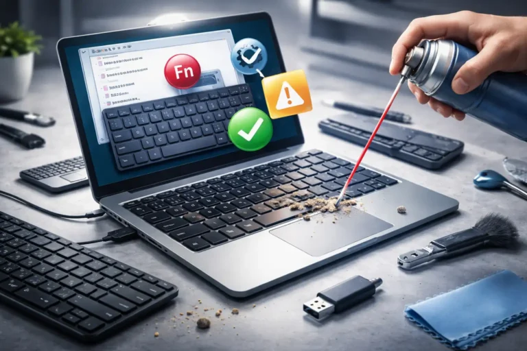 Clavier d’ordinateur portable bloqué avec touches encrassées, nettoyage à l’air comprimé et diagnostic sous Windows avec clavier externe.