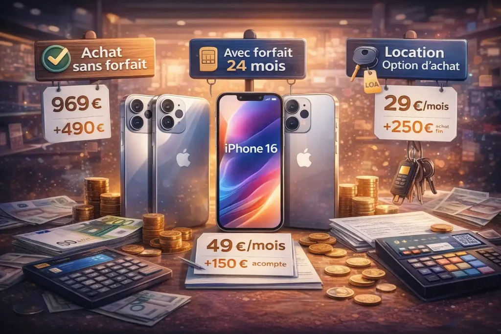 Comparaison des offres iPhone 16 entre achat sans forfait, forfait avec engagement 24 mois et location avec option d’achat pour choisir la meilleure solution