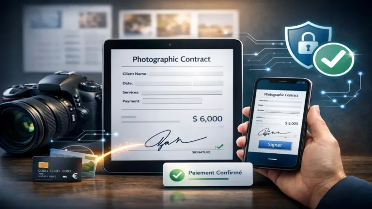 Signature électronique d’un contrat photographe en ligne sur tablette et smartphone, avec appareil photo professionnel et paiement sécurisé
