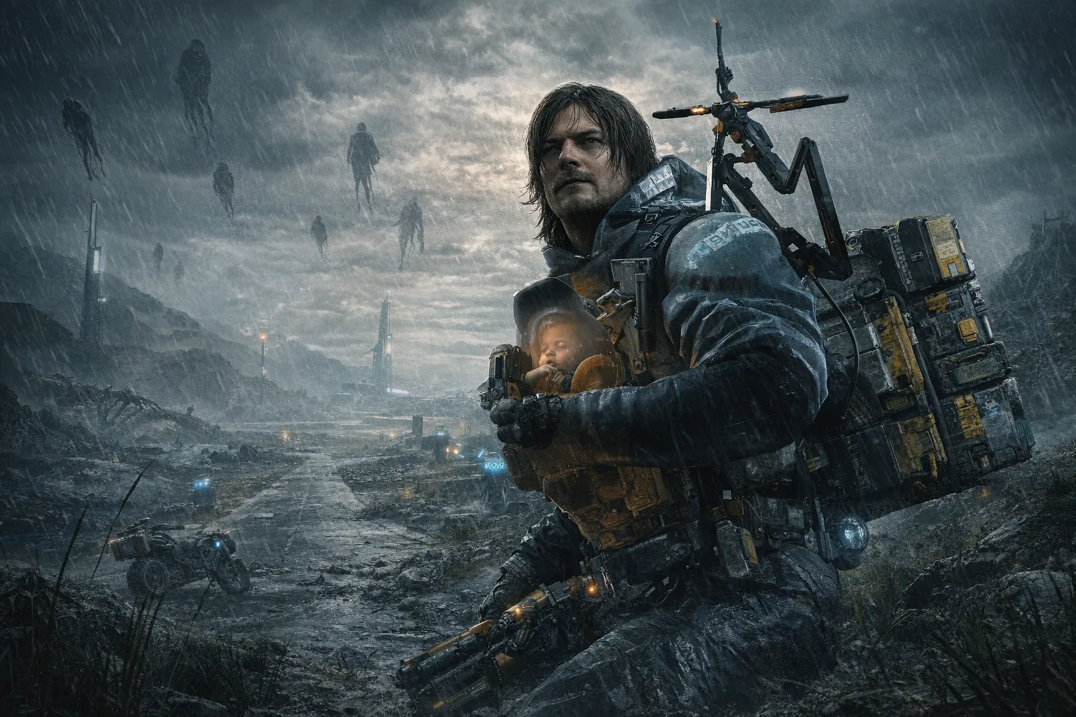 Sam Porter Bridges traversant un monde post-apocalyptique sous la pluie dans Death Stranding, avec le BB en capsule, des Échoués en arrière-plan et des infrastructures du réseau Chiral.
