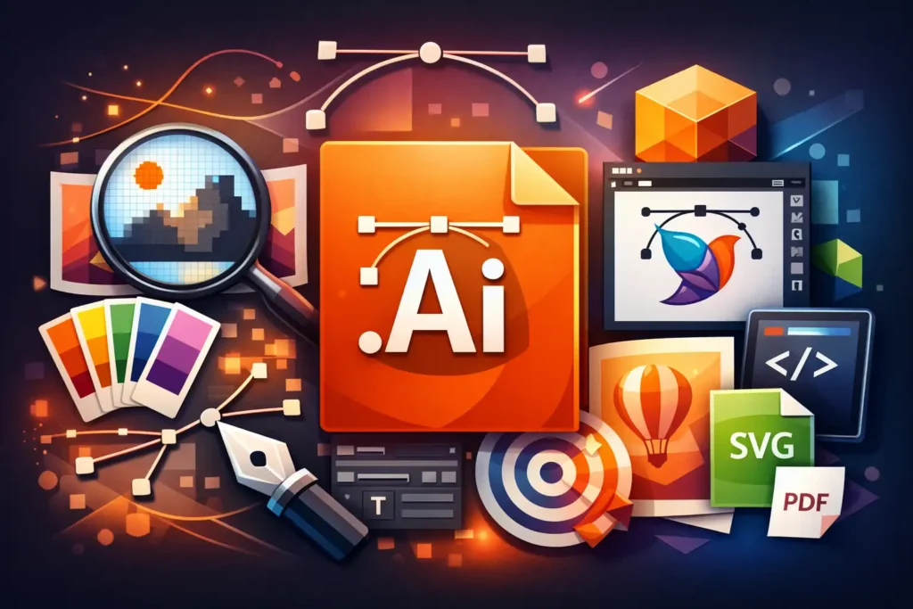 Illustration du format AI d’Adobe Illustrator montrant des éléments vectoriels, des courbes de Bézier et des outils de design graphique professionnel