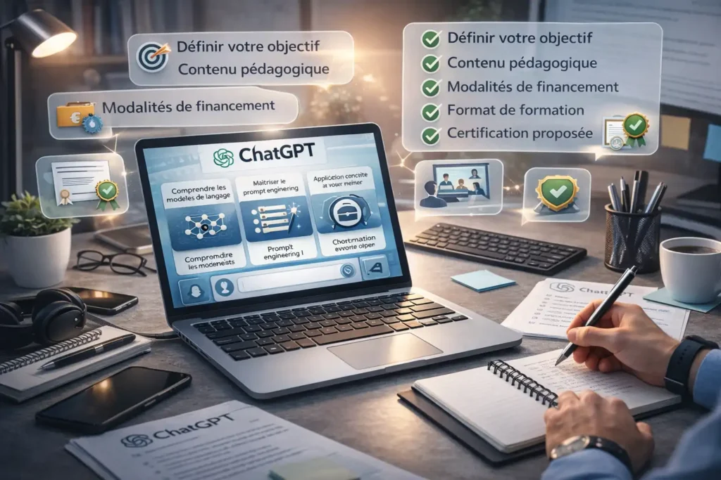 Formation ChatGPT en ligne avec ordinateur portable, prise de notes et interface pédagogique illustrant le prompt engineering, les objectifs professionnels et la certification.