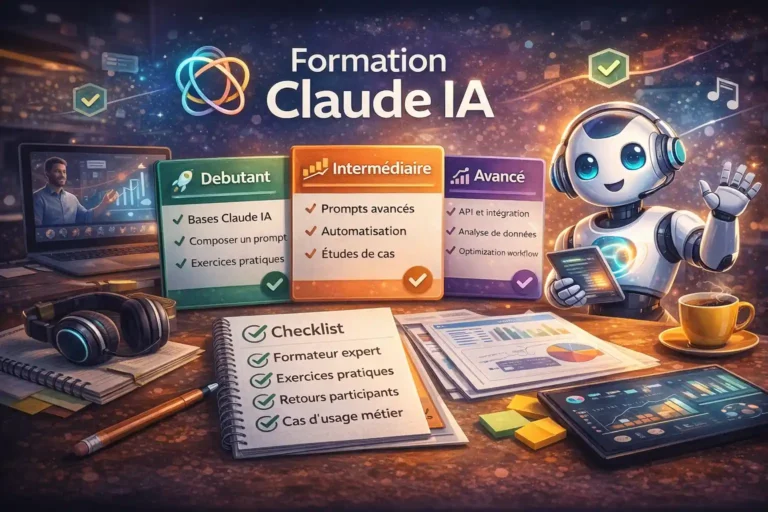 Illustration d’une formation Claude IA avec parcours débutant, intermédiaire et avancé pour apprendre le prompt engineering et l’automatisation professionnelle