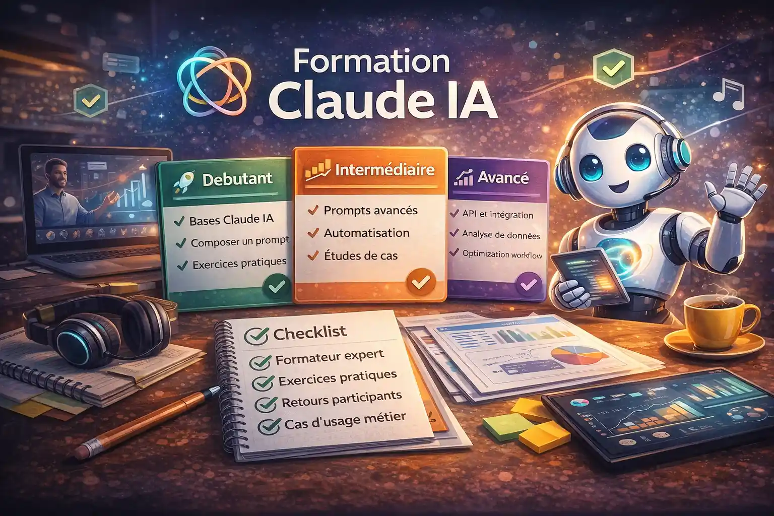 Illustration d’une formation Claude IA avec parcours débutant, intermédiaire et avancé pour apprendre le prompt engineering et l’automatisation professionnelle