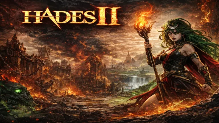 Illustration de Hades II avec Melinoë dans un décor infernal, image d’illustration pour un article sur la sortie du jeu