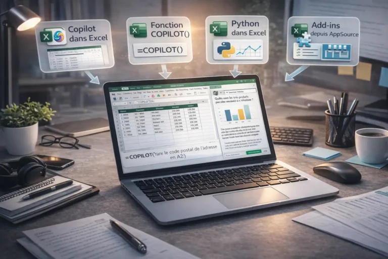 Utilisation de l’intelligence artificielle dans Excel avec Copilot, fonction COPILOT(), Python intégré et add-ins AppSource pour l’analyse et l’automatisation des données.