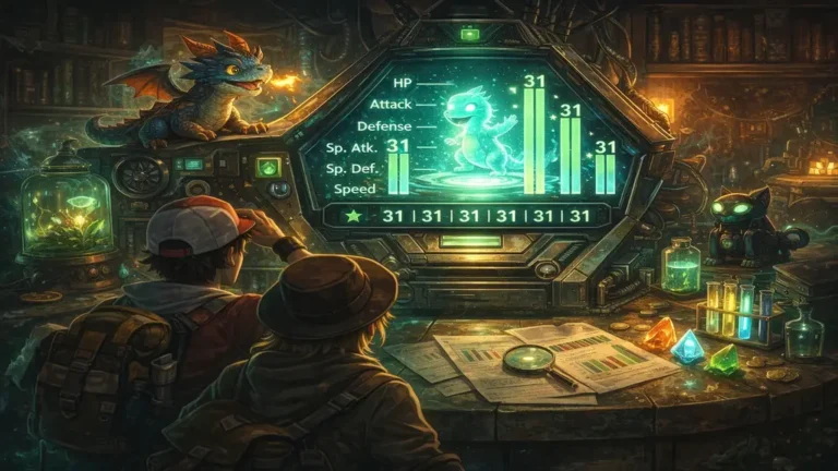 Illustration représentant l’analyse des IV Pokémon dans un laboratoire futuriste, avec une créature holographique et des barres de statistiques maximales, symbolisant le potentiel génétique et l’optimisation des Pokémon.