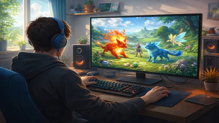 Joueur sur PC découvrant un jeu de capture de créatures fantastiques dans un univers de type RPG, illustration pour un article expliquant comment jouer à Pokémon sur ordinateur