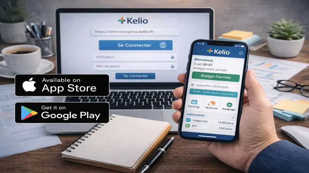 Application Kelio sur smartphone permettant le badgeage virtuel, la gestion des congés et la consultation du planning depuis un mobile