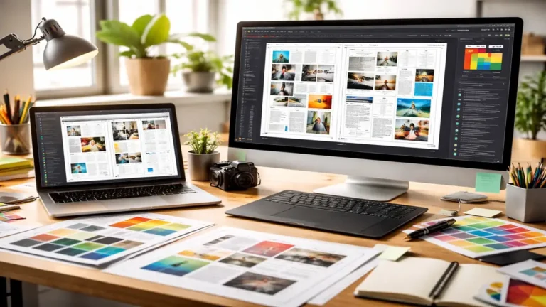 Bureau créatif avec ordinateur affichant une mise en page de magazine réalisée avec un logiciel de PAO professionnel, épreuves imprimées et nuanciers couleur sur un espace de travail graphique