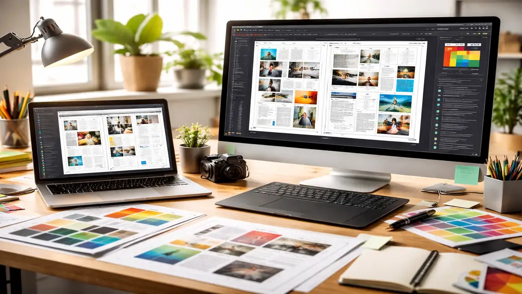 Bureau créatif avec ordinateur affichant une mise en page de magazine réalisée avec un logiciel de PAO professionnel, épreuves imprimées et nuanciers couleur sur un espace de travail graphique