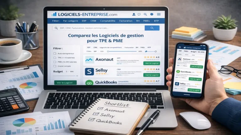 Comparateur de logiciels de gestion pour PME et TPE sur ordinateur et smartphone, avec sélection de solutions ERP, CRM et comptabilité