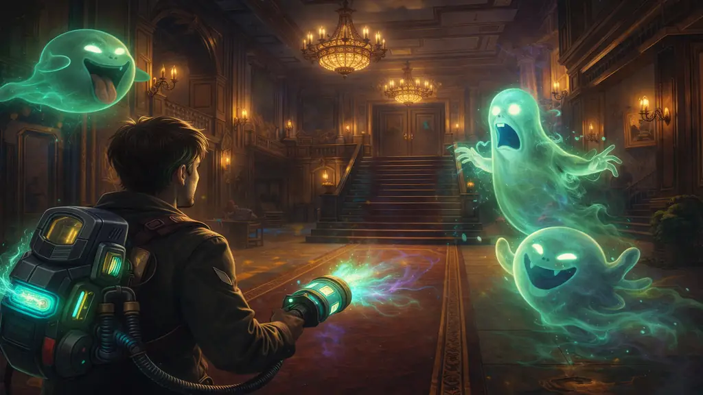 Illustration d’un hôtel hanté vu de l’intérieur avec une ambiance fantomatique, couloirs sombres, éclairage tamisé et atmosphère mystérieuse, représentant un guide complet de Luigi’s Mansion 3.