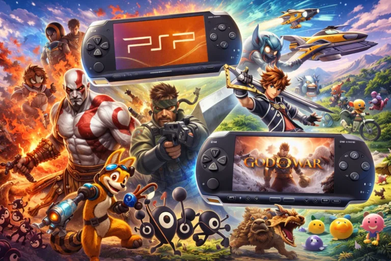 Illustration réaliste mettant en scène une console PlayStation Portable entourée d’univers de jeux d’action, RPG, course et aventure emblématiques de la ludothèque PSP.