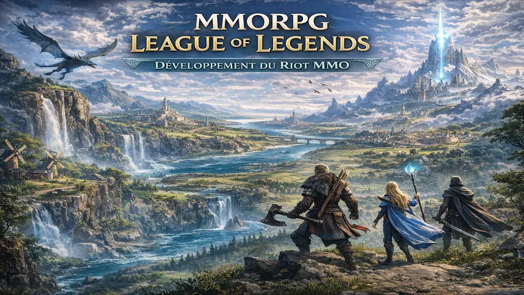 Paysage fantasy inspiré de Runeterra avec des aventuriers explorant un monde ouvert, illustration du MMORPG League of Legends en développement chez Riot Games