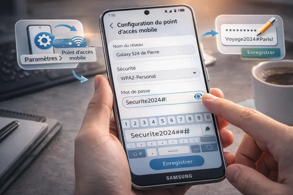 Affichage du mot de passe du partage de connexion sur un smartphone Samsung dans les paramètres du point d’accès mobile Wi-Fi.