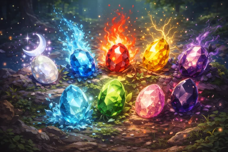 Illustration réaliste de pierres d’évolution inspirées de l’univers Pokémon, représentant différents éléments (feu, eau, plante, foudre, glace, nuit, éclat) disposées dans un décor naturel et lumineux.