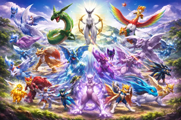 Illustration réaliste représentant plusieurs Pokémon légendaires inspirés de différentes générations, réunis dans un décor mythique et lumineux évoquant la puissance et la rareté des légendaires.