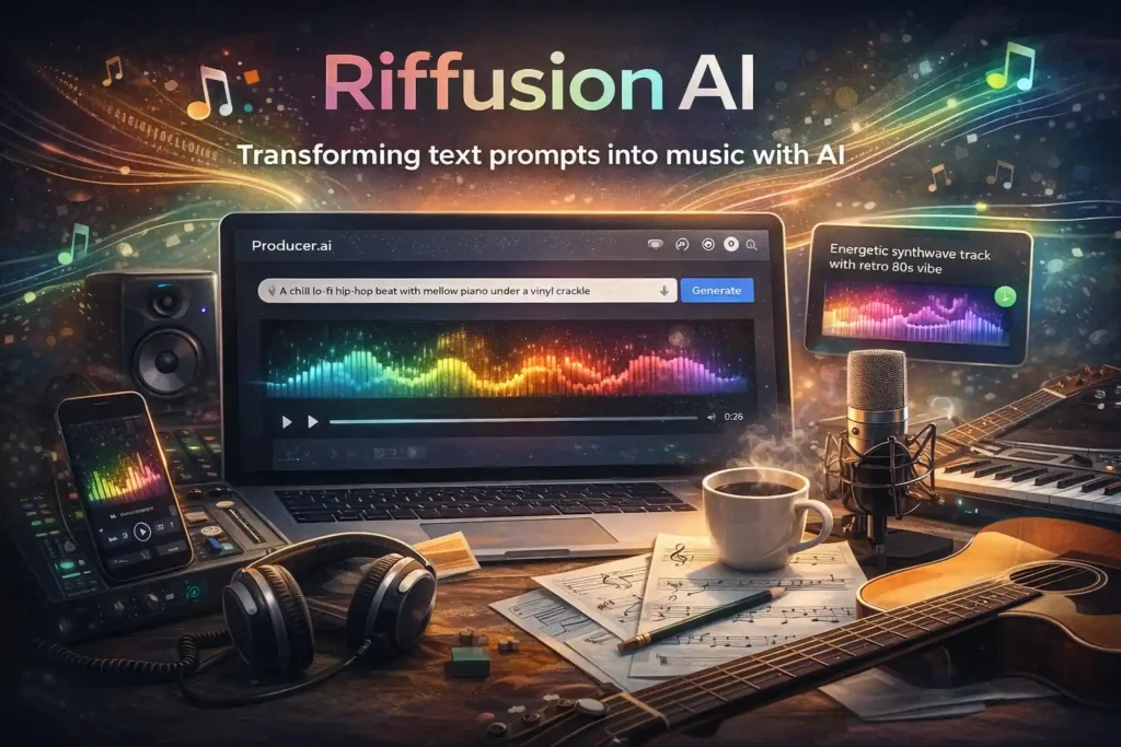 Interface de Riffusion AI générant de la musique à partir de texte avec spectrogrammes audio et outils de production musicale assistée par intelligence artificielle