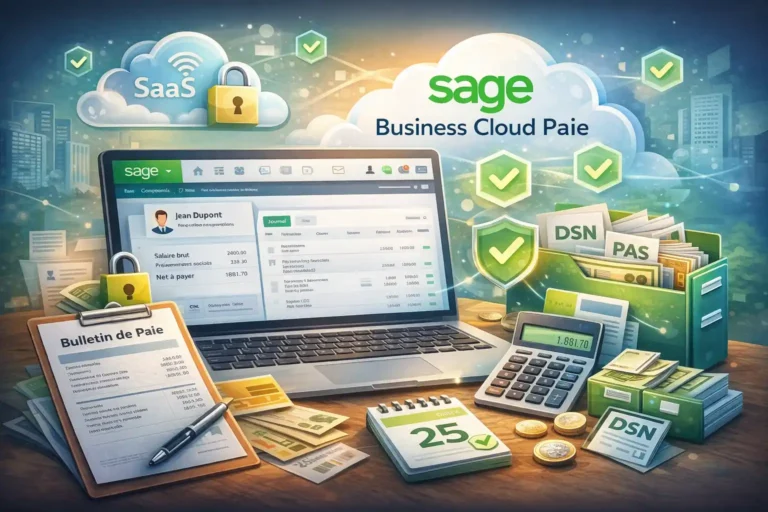 Interface de logiciel de paie en ligne Sage Business Cloud Paie avec gestion des bulletins de salaire, DSN et prélèvement à la source pour PME