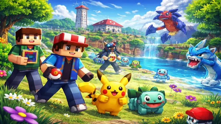 Joueurs dans un monde Minecraft moddé avec des créatures inspirées de Pokémon, illustrant un serveur Pokémon Minecraft multijoueur
