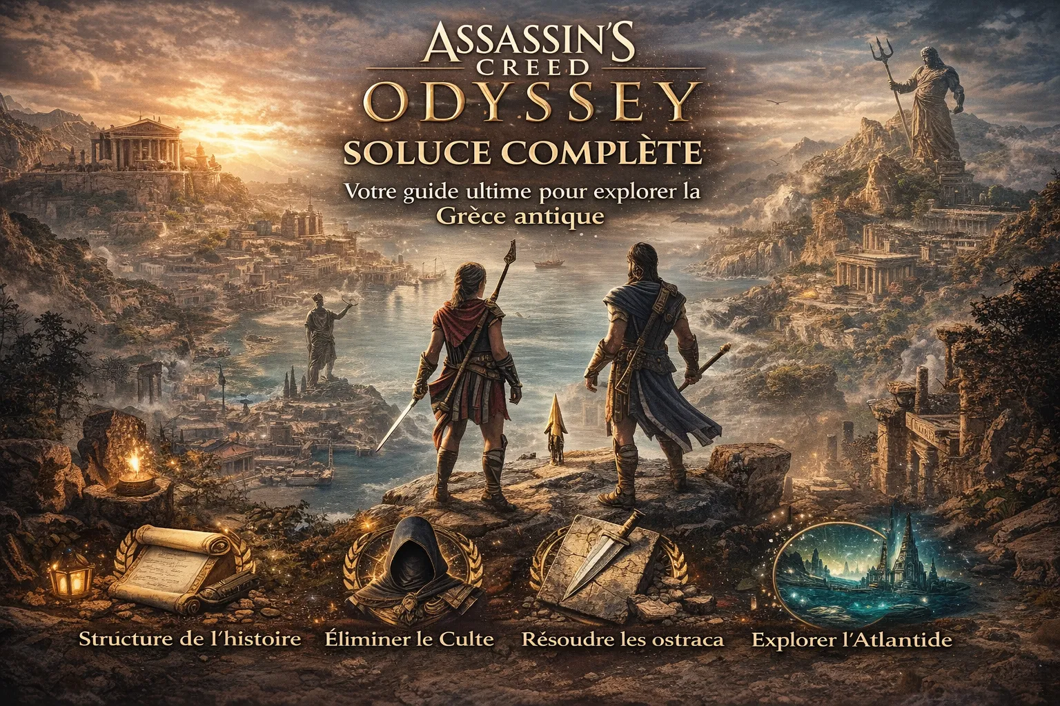 Illustration immersive d’Assassin’s Creed Odyssey montrant Kassandra et Alexios face à la Grèce antique, avec temples, ruines et paysages mythologiques, représentant une soluce complète du jeu incluant histoire, choix, Culte de Kosmos et DLC Atlantide.