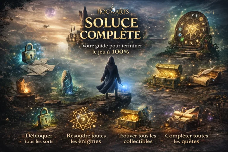 Illustration immersive de Hogwarts Legacy montrant un élève sorcier face au château de Poudlard, avec des symboles d’énigmes, coffres magiques et sorts représentant une soluce complète pour terminer le jeu à 100 %.