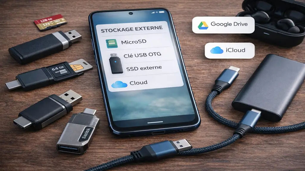 Solutions de stockage externe pour smartphone avec carte microSD, clé USB OTG, SSD externe et sauvegarde cloud autour d’un téléphone