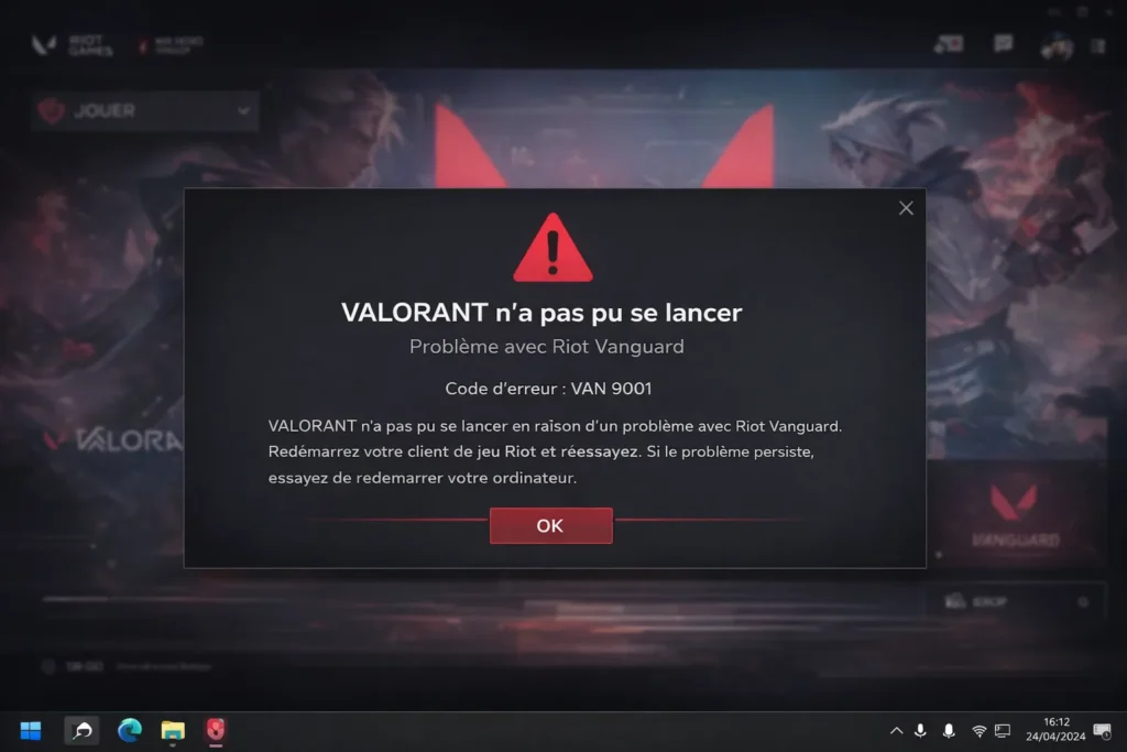 Message d’erreur « Valorant n’a pas pu se lancer » avec code VAN 9001 lié à Riot Vanguard sur PC Windows, affiché dans le client Riot Games.