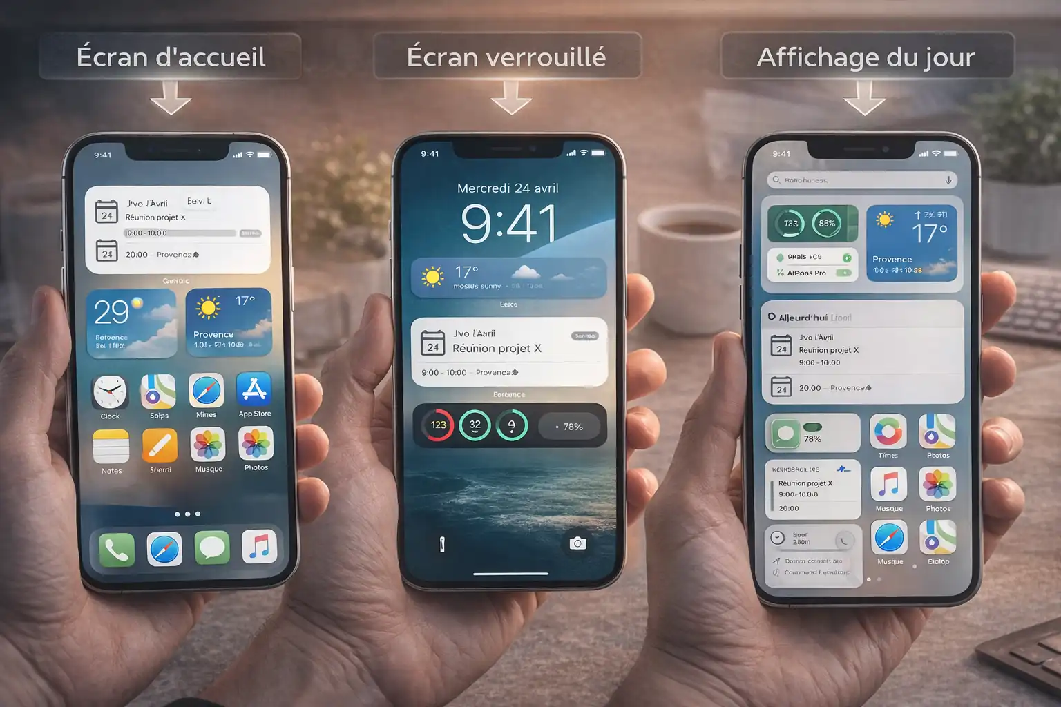 Widgets iPhone affichés sur l’écran d’accueil, l’écran verrouillé et l’affichage du jour pour personnaliser iOS et accéder rapidement aux informations.