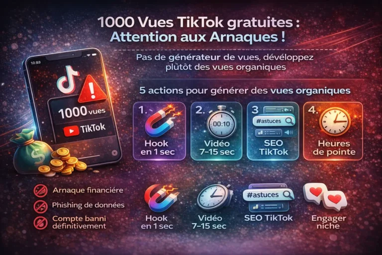 Illustration horizontale expliquant comment obtenir 1000 vues TikTok gratuites de manière organique et les dangers des générateurs de vues avec risques d’arnaque, phishing et bannissement.