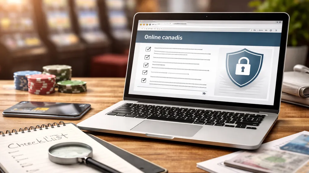 Ordinateur affichant une checklist de sécurité en ligne, avec loupe et carnet de notes sur un bureau.
