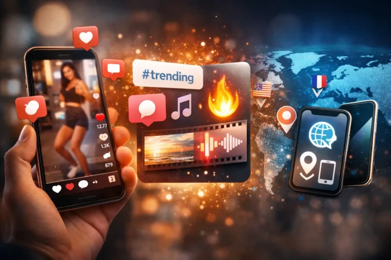 Illustration réaliste du fonctionnement de l’algorithme TikTok montrant l’analyse des interactions, des contenus vidéo et des paramètres utilisateurs pour personnaliser le fil Pour Toi.