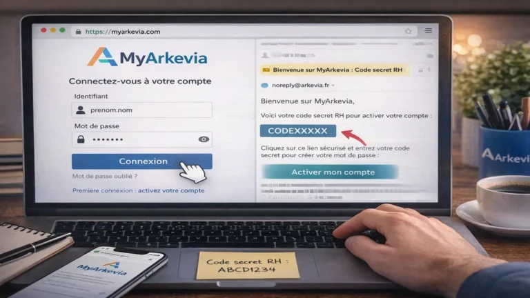 Connexion à MyArkevia sur ordinateur portable avec formulaire d’identification, code secret RH affiché dans un email d’activation et interface sécurisée du portail Arkevia.