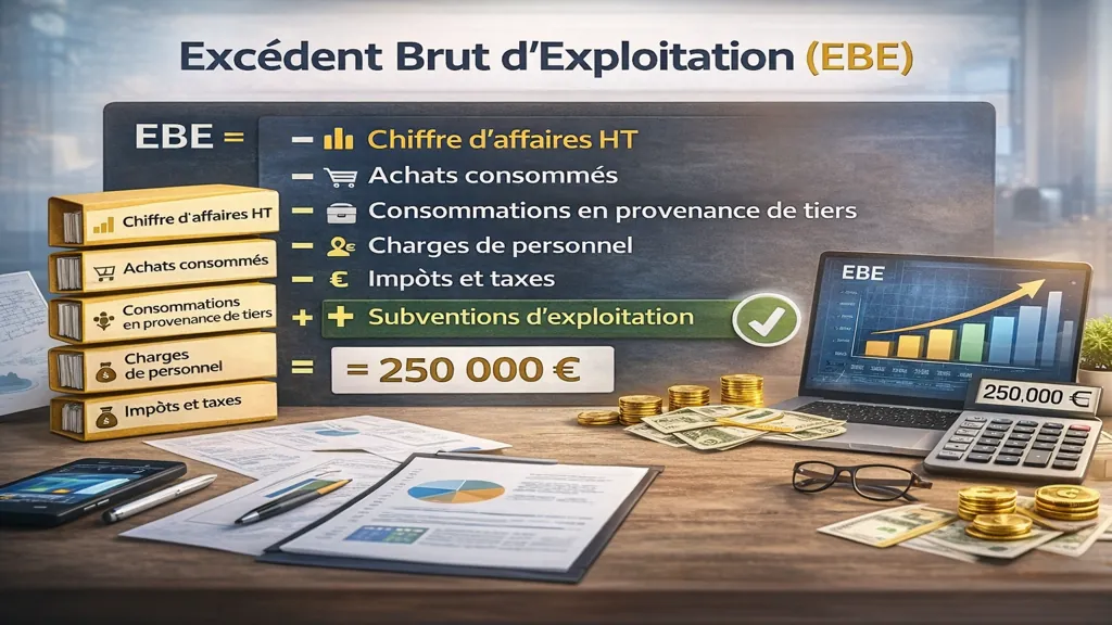 Illustration explicative de la formule de calcul de l’excédent brut d’exploitation (EBE) avec chiffre d’affaires, charges d’exploitation, subventions et résultat financier dans un contexte de gestion d’entreprise.
