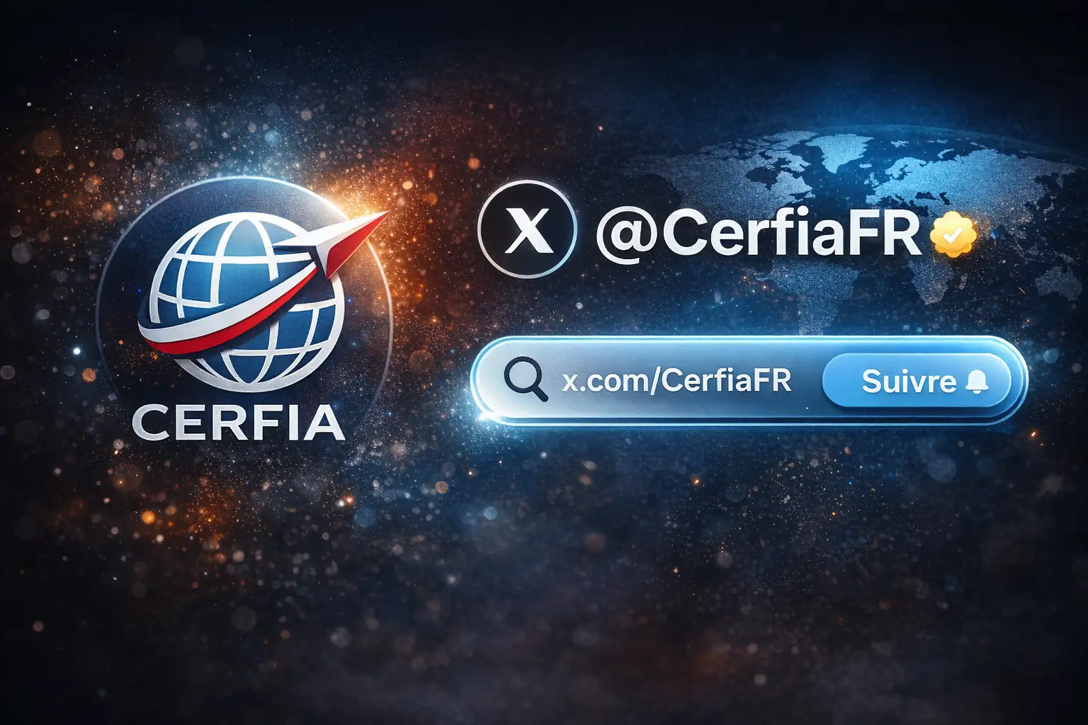 Illustration réaliste du compte officiel Cerfia sur le réseau social X avec référence au handle @CerfiaFR et à l’univers géopolitique du média.
