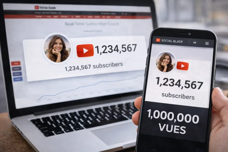 Compteur d’abonnés YouTube en temps réel affiché sur ordinateur portable et smartphone, illustrant le suivi live des abonnés d’une chaîne YouTube via un outil de statistiques.