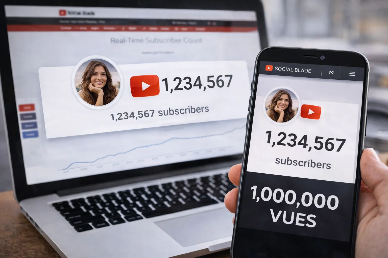 Compteur d’abonnés YouTube en temps réel affiché sur ordinateur portable et smartphone, illustrant le suivi live des abonnés d’une chaîne YouTube via un outil de statistiques.