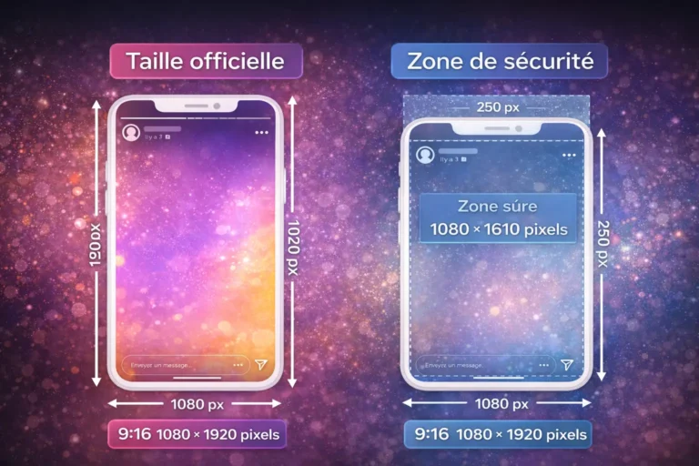 Illustration horizontale expliquant la taille officielle d’une Story Instagram en 1080 × 1920 pixels et la zone de sécurité à respecter pour éviter le recadrage de l’interface.