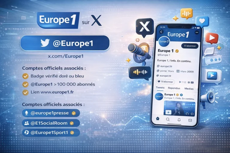 Illustration représentant la présence de la radio Europe 1 sur le réseau social X (ex-Twitter), avec un smartphone affichant un compte officiel et des éléments graphiques liés à l’actualité et au direct radio.
