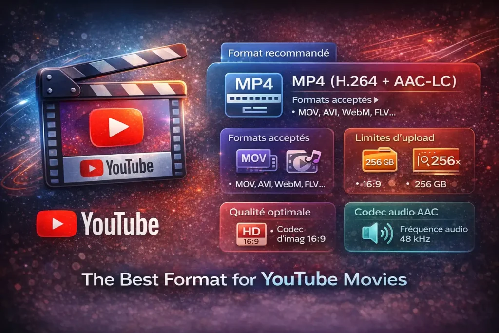 Illustration horizontale expliquant le meilleur format vidéo pour YouTube avec le conteneur MP4, le codec H.264 pour la vidéo et AAC pour l’audio, ainsi que les principales règles d’upload.
