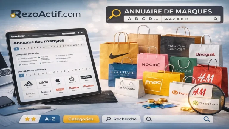 Illustration de l’annuaire des marques RezoActif avec navigation A-Z, catégories d’enseignes partenaires et offres promotionnelles accessibles via une interface digitale.