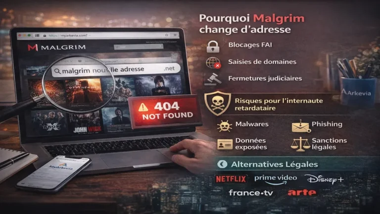 Site de streaming Malgrim affichant une erreur de type 404 avec explication des changements d’adresse, des risques de sécurité liés au streaming illégal et des alternatives légales comme Netflix, Prime Video, Disney+, Arte et France.tv.