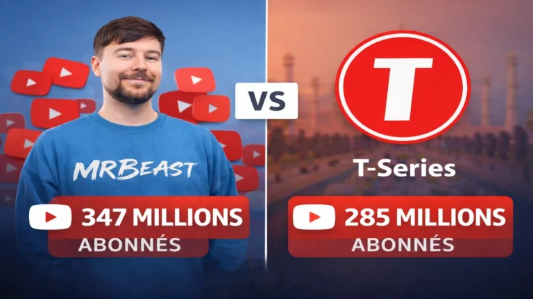 Comparaison du meilleur youtubeur du monde avec MrBeast face à T-Series, illustrant le nombre d’abonnés des deux chaînes YouTube les plus suivies.