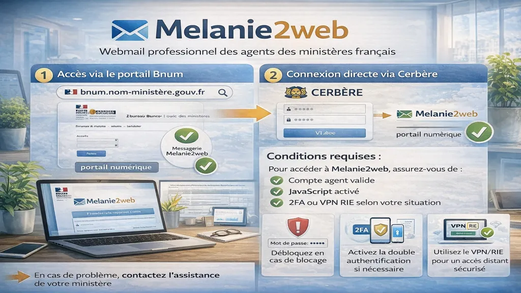 Illustration explicative du webmail Melanie2web montrant les méthodes de connexion via le portail Bnum ou Cerbère, les prérequis techniques et la sécurisation par 2FA ou VPN pour les agents des ministères français.
