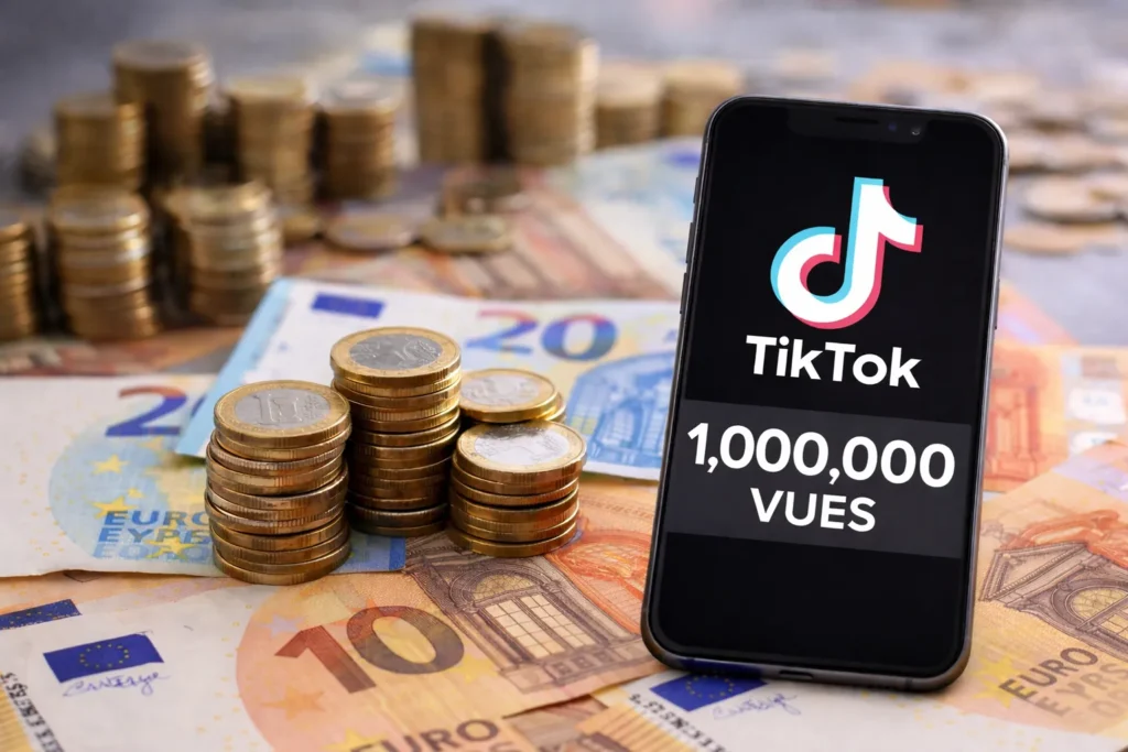 Smartphone affichant TikTok avec 1 million de vues, posé sur des billets et pièces en euros, illustrant les revenus potentiels liés aux vues TikTok en France.