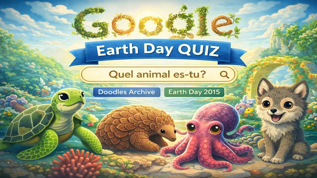 Illustration du quiz Journée de la Terre Google avec animaux colorés représentant les résultats du quiz Earth Day 2015, accessible via l’archive Google Doodles.