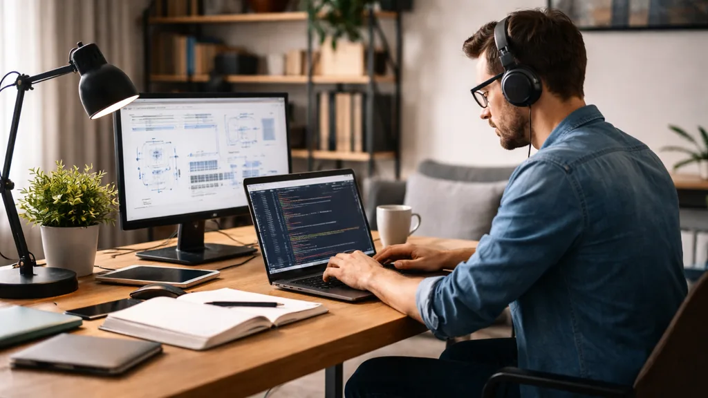 Texte alt (SEO) : Homme étudiant sur ordinateur dans un bureau à domicile, illustrant une reconversion professionnelle grâce à une formation en ligne en informatique.