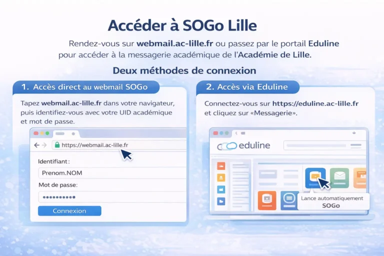 Illustration expliquant comment accéder à SOGo Lille via le webmail ac-lille.fr ou le portail Eduline pour les personnels de l’Éducation nationale